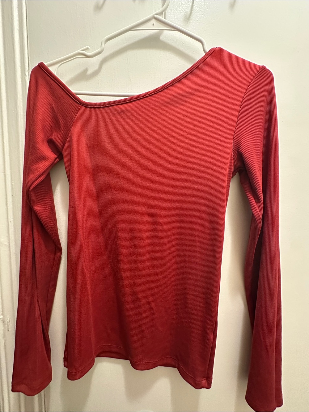 Women’s Red Ribbed Asymmetrical Off-Shoulder Long Sleeve Top